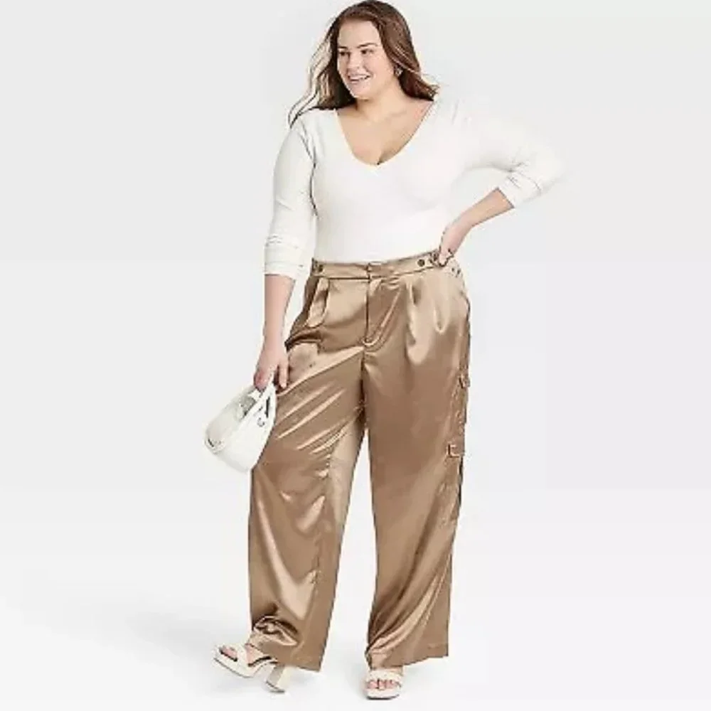 Women's "Muddy Brown" High-Rise Satin Cargo Pants - A New Day - Picture 2 of 7